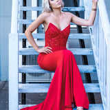 Red beaded lace V neck mermaid dress