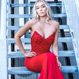 Red beaded lace V neck mermaid dress