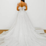 White Flowery lace Wedding Dress with short shoulder sleeves for hire