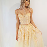 Sparkling Gold Lace Pattern Tulle Two Piece.