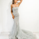 Silver mermaid dress with long train for hire
