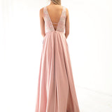 Muted Pink Fondue satin dress with deep V neck (sample sale)