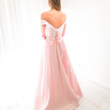 Sparkling baby pink off the shoulder princess dress with lace up back and leg split (sample sale)