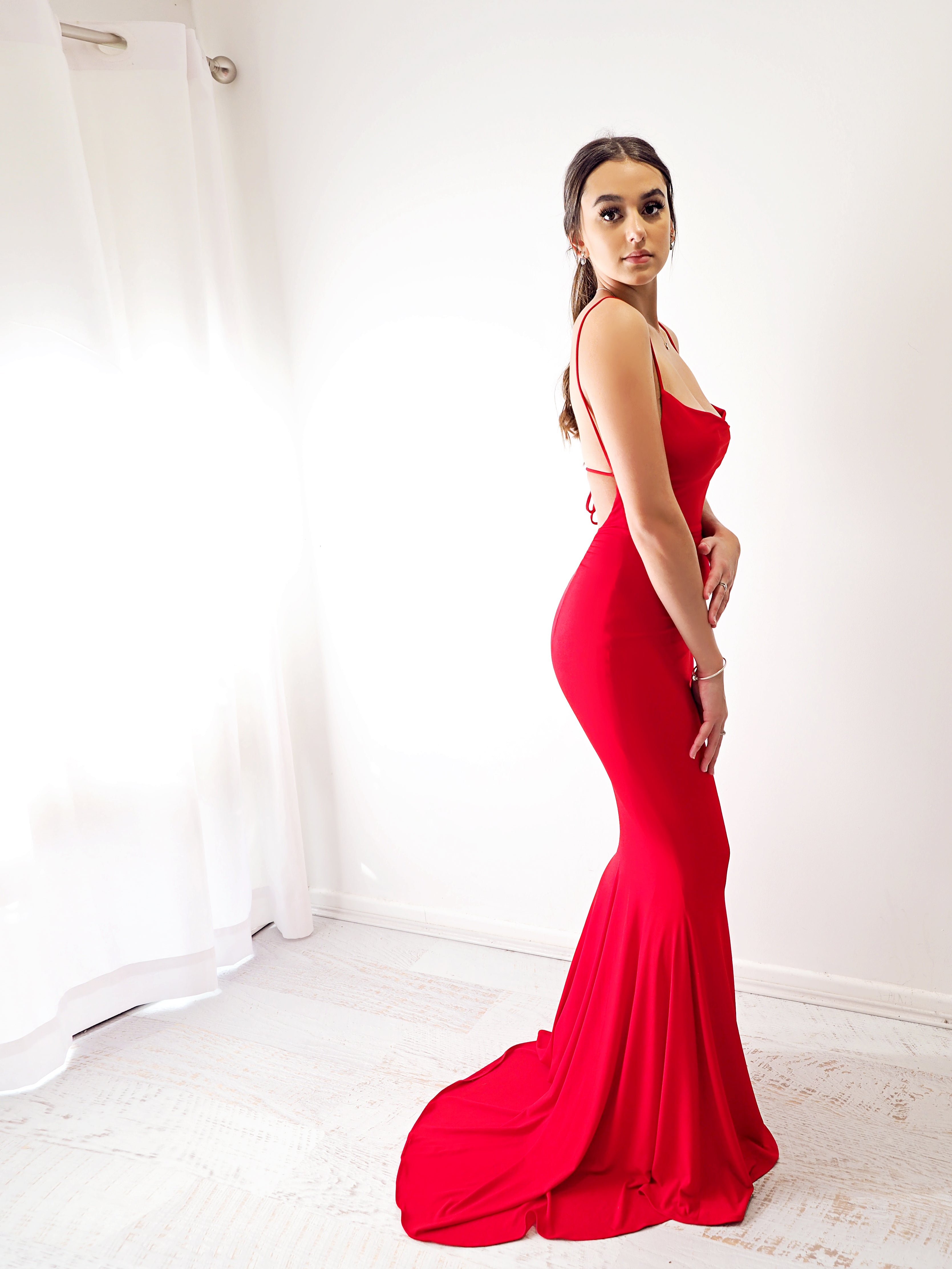 Red cowl neck red dress with strap back – Destiny Chic