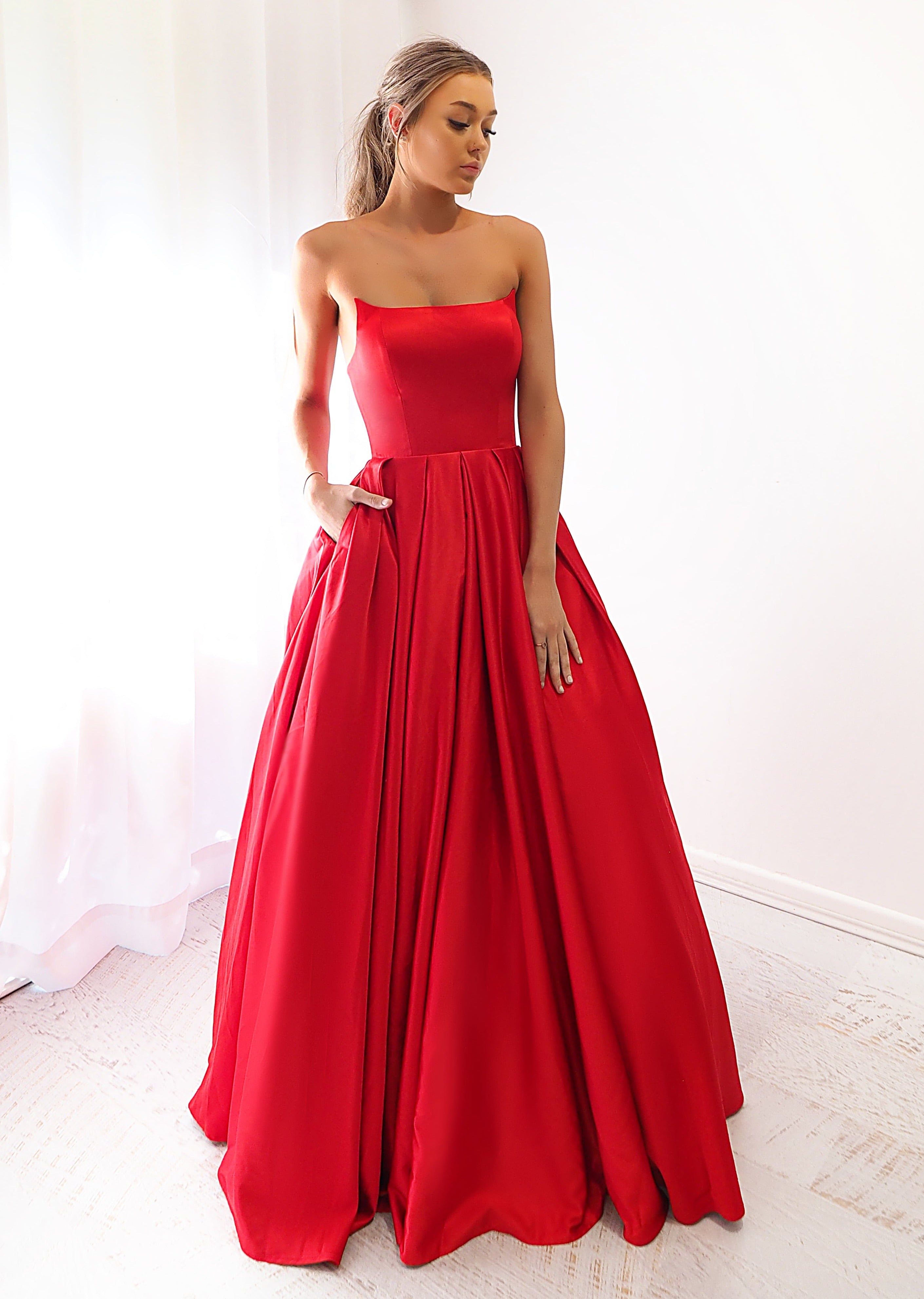 princess dress red Bright red satin princess dress with crescent moon neckline custom made