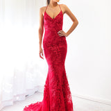 Deep red lace criss-cross back mermaid dress for hire