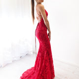 Deep red lace criss-cross back mermaid dress for hire