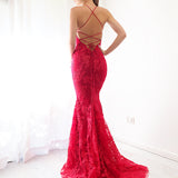 Deep red lace criss-cross back mermaid dress for hire