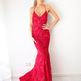 Deep red lace criss-cross back mermaid dress for hire