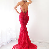 Deep red lace criss-cross back mermaid dress for hire