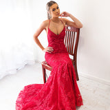 Deep red lace criss-cross back mermaid dress for hire