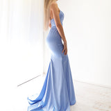 Periwinkle Blue Satin mermaid dress with slit for hire