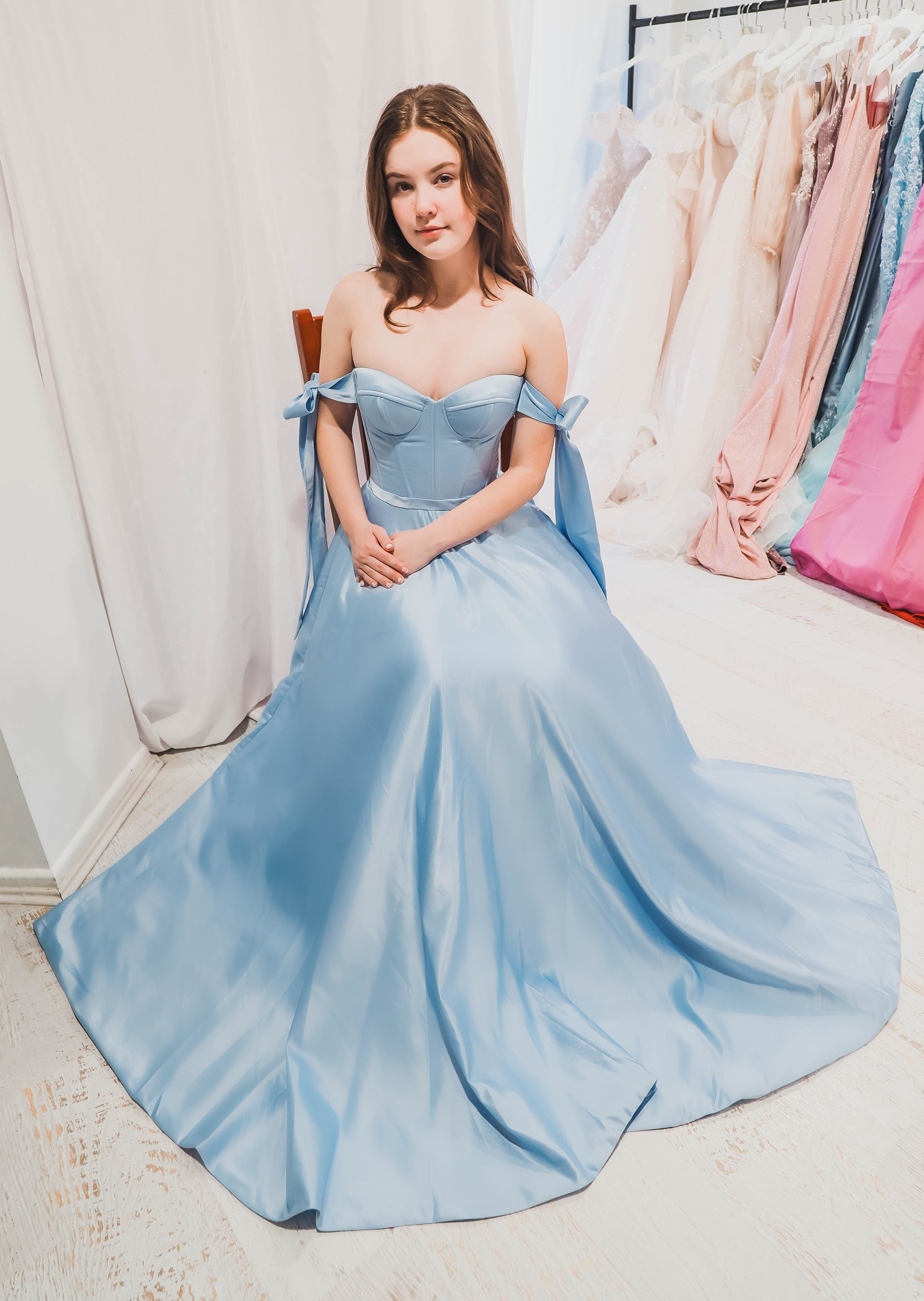 Bustier corset baby blue dress with self-tie bows for hire Bustier corset baby blue dress with self-tie bows for hire