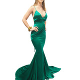 Rachel emerald green satin mermaid dress with cris-cross back