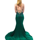 Rachel emerald green satin mermaid dress with cris-cross back