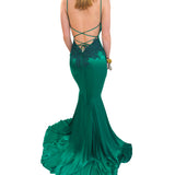 Rachel emerald green satin mermaid dress with cris-cross back