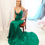 Rachel emerald green satin mermaid dress with cris-cross back