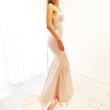 Rose gold satin mermaid dress with gold lace top (sales)
