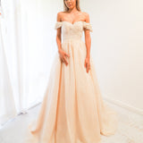 Sparkling light gold tulle princess dress for hire