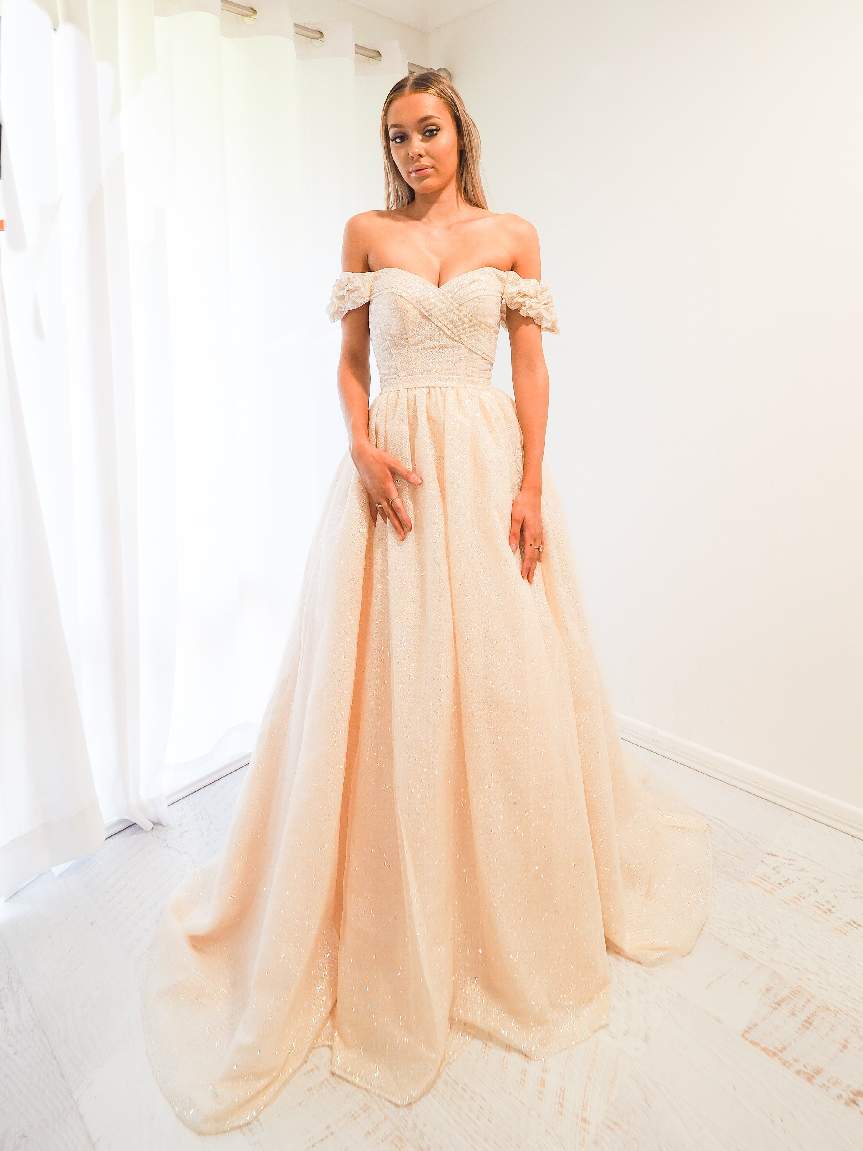 Sparkling light gold tulle princess dress for hire – Destiny Chic