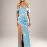 Baby Blue Satin mermaid dress with off the shoulder and high slit for hire