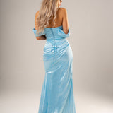 Baby Blue Satin mermaid dress with off the shoulder and high slit for hire