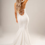 White beaded lace V neck mermaid dress