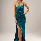 Teal satin A symmetric pointy neckline mermaid with high slit.