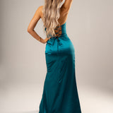 Teal satin A symmetric pointy neckline mermaid with high slit.