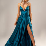 Teal deep v cut neckline with a slit and lace up back