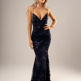 Navy Blue Sparkling lace criss-cross back mermaid dress (old style)