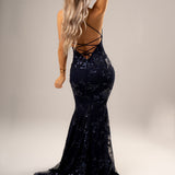 Navy Blue Sparkling lace criss-cross back mermaid dress (old style)