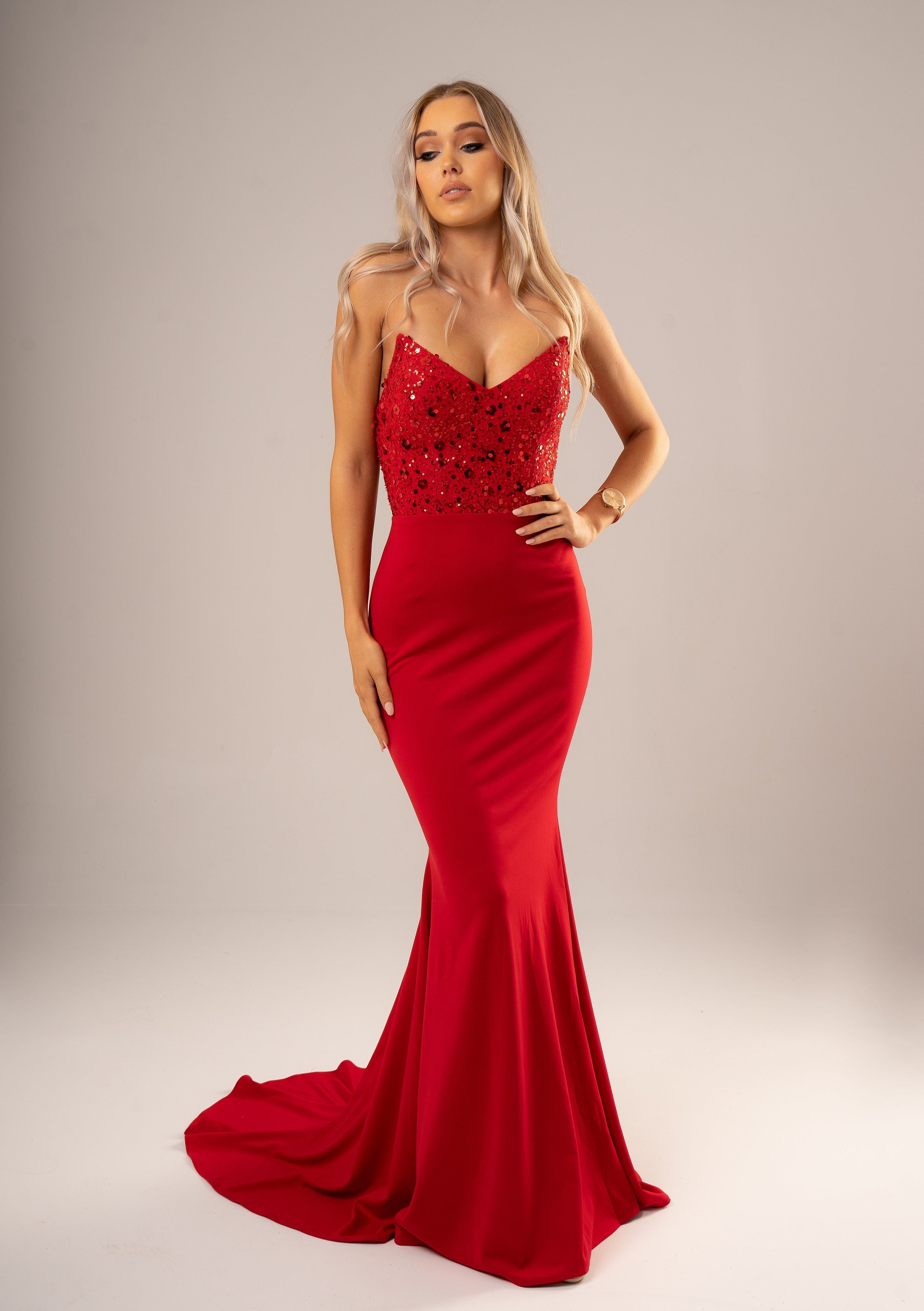 Red beaded lace V neck mermaid dress Destiny Chic Red beaded lace V neck mermaid dress Destiny Chic
