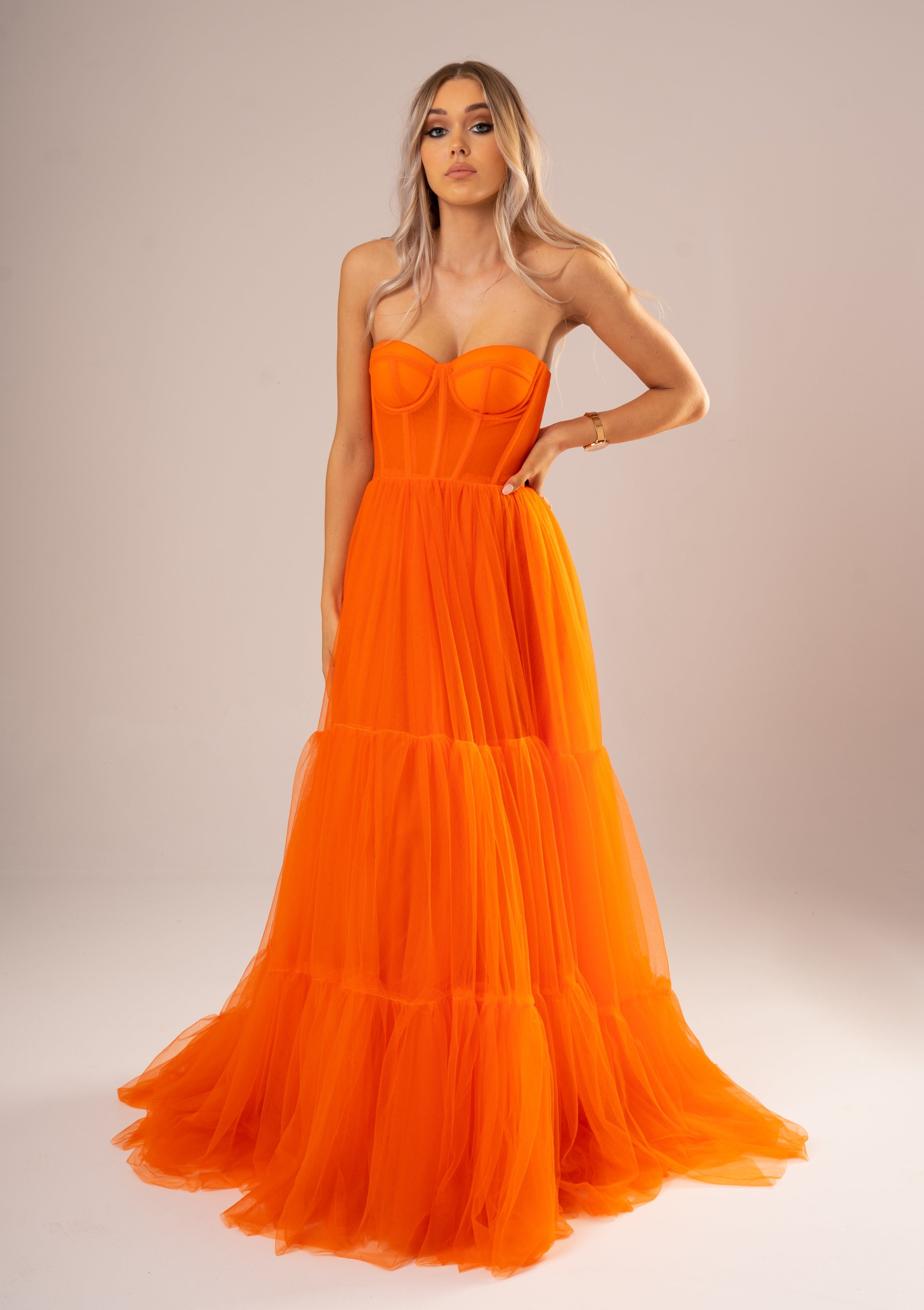 Strapless bustier bright orange princess dress – Destiny Chic