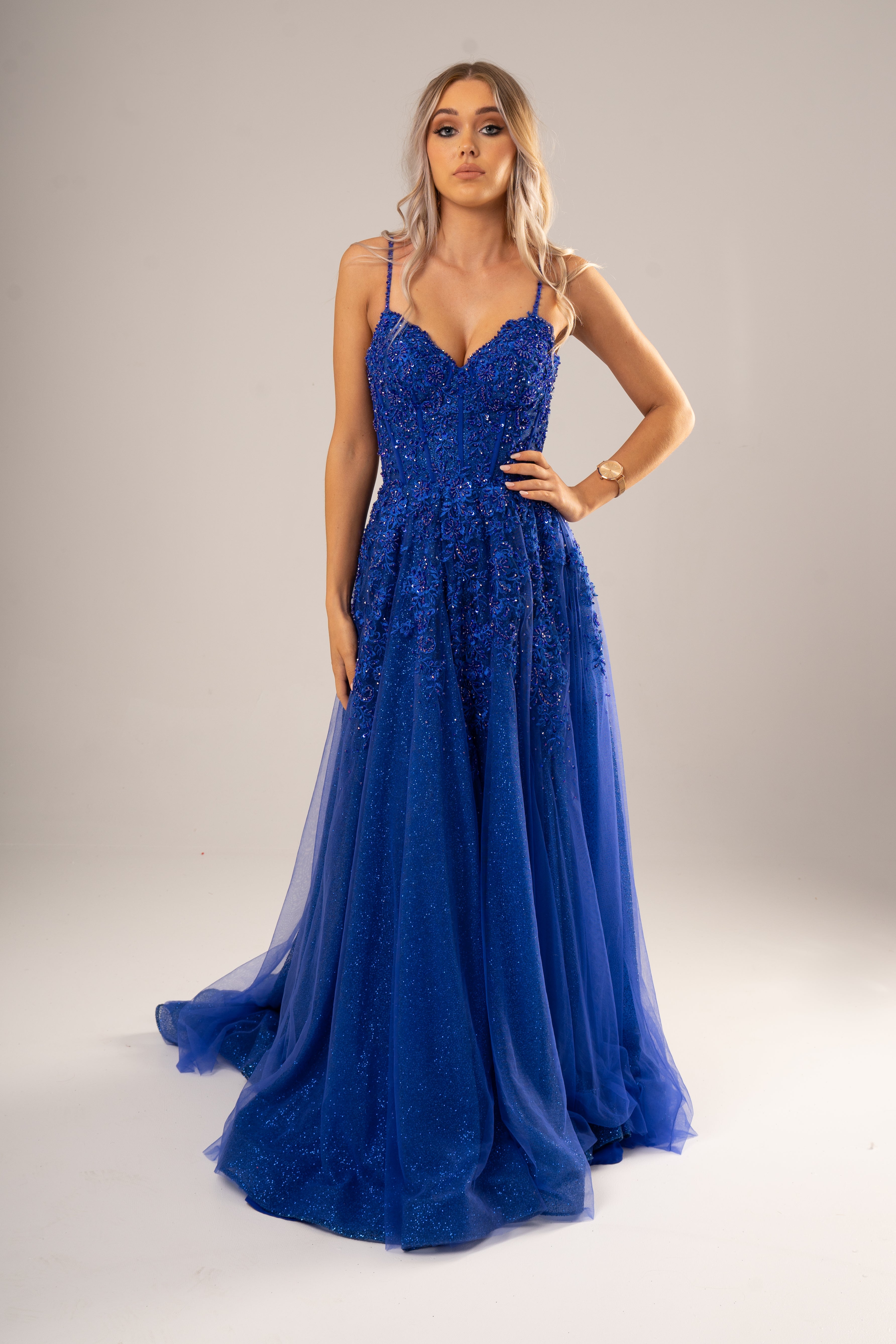 Sparkling royal blue beaded 3D flowers princess dress