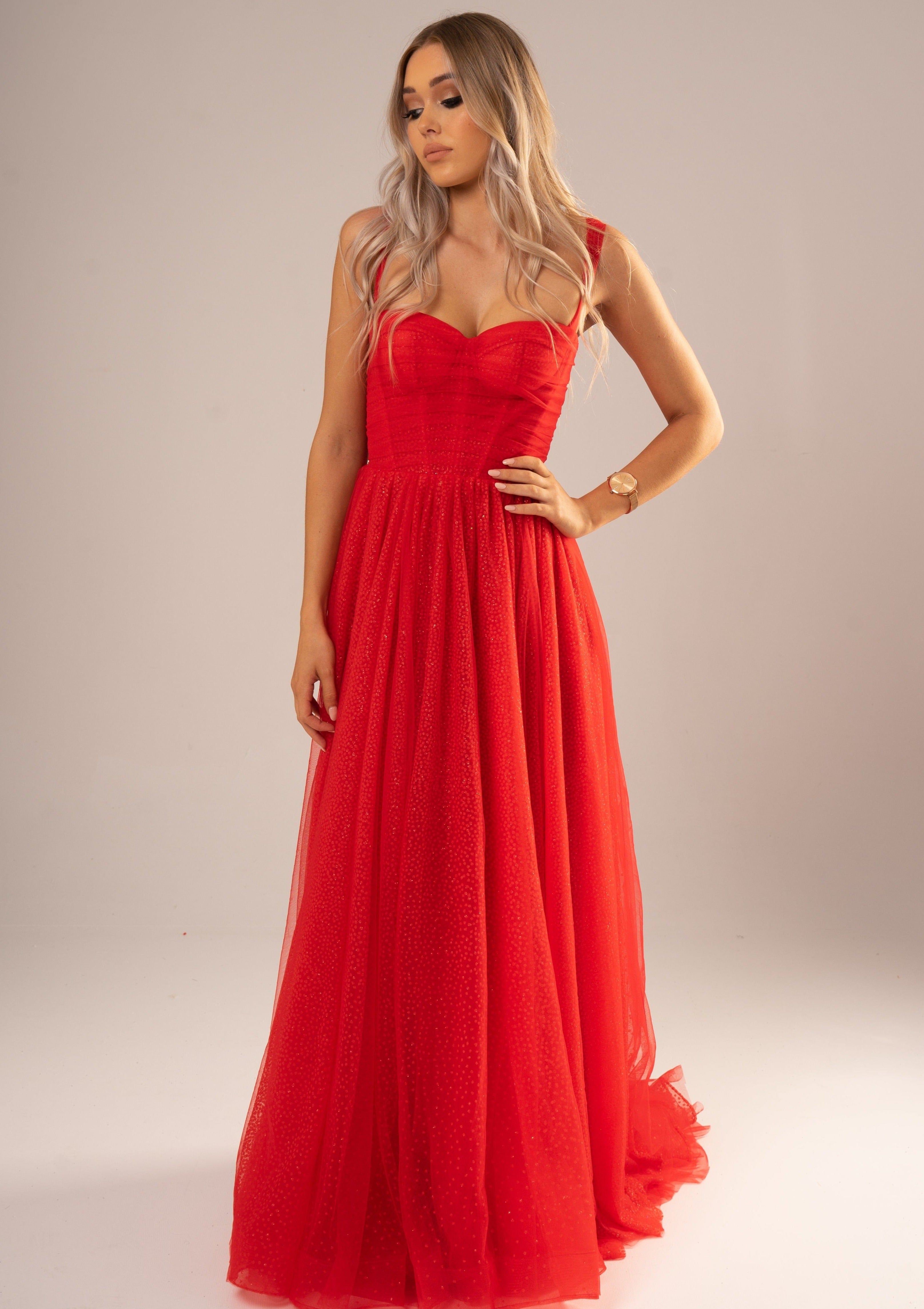 red bustier tulle dress Cherry Red Glitter Tulle Maxi Dress