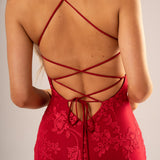 Deep red lace criss-cross back mermaid dress for hire