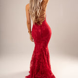 Deep red lace criss-cross back mermaid dress for hire
