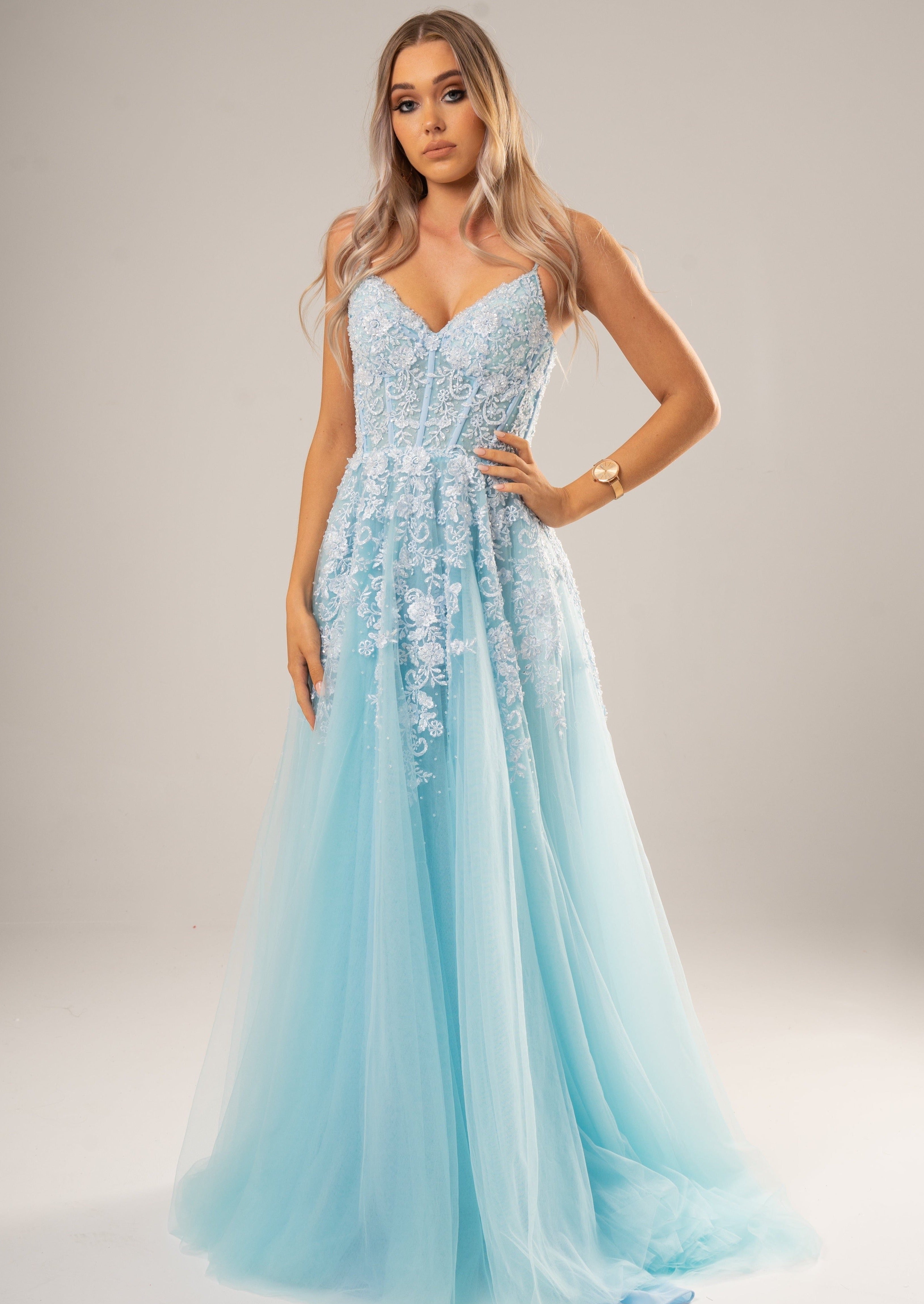 Baby blue tulle corset lace princess dress with lace up back for hire