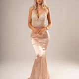 Rose gold satin mermaid dress with gold lace top