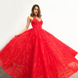 Red organza lace computer tulle princess dress with lace up back