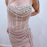 Rose pink crystal mesh straight neck with lace up back dress for hire