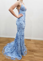 Baby blue Sparkling lace criss-cross back mermaid dress