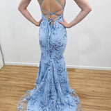 Baby blue Sparkling lace criss-cross back mermaid dress