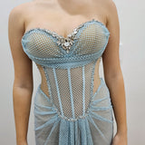 Baby blue crystal mesh bustier top with lace up back dress for hire