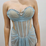 Baby blue crystal mesh sweet heart neckline with crystal details