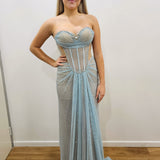 Baby blue crystal mesh bustier top with lace up back dress for hire