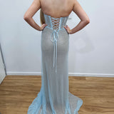 Baby blue crystal mesh bustier top with lace up back dress for hire