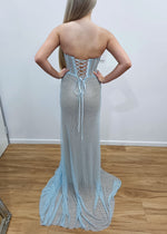 Baby blue crystal mesh bustier top with lace up back dress for hire