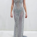 Crystal silver scoop neck corset dress with lace up back